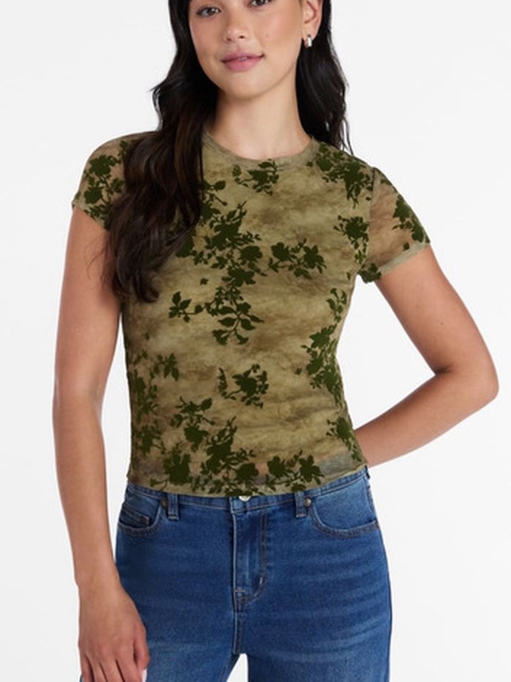 Madden NYC Flocked Floral Mesh Top